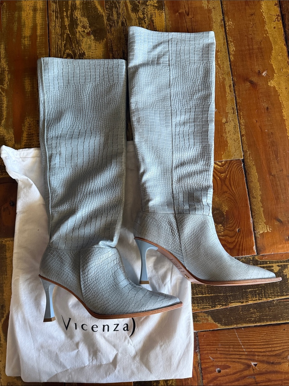 Vicenza light blue Croc-Embossed Knee-High Heeled Boots